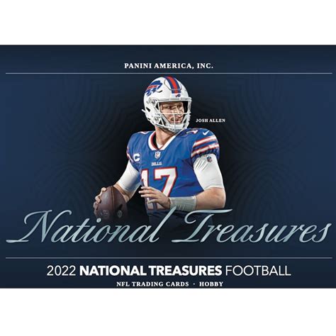 Aug 9, 2023 · Find out the checklist, team set lists and details of the 2022 Panini National Treasures Football card set, a super-premium line with autographs, memorabilia and Rookie Cards. The base set has 188 cards, including 99 of the NFL's top stars, and features parallels such as Jersey Numbers, Purple, Gold, Holo Silver, Holo Gold, Emerald and Platinum. 